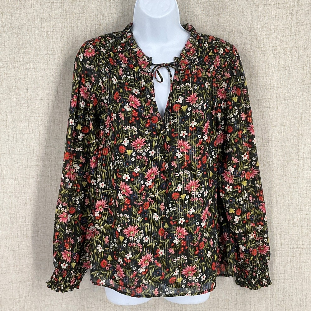 Old Navy Floral Blouse Women Sz M Black Metallic Smocked Tie Neck Top Peasant